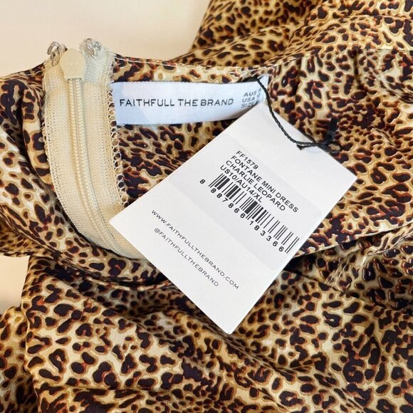 Faithfull The Brand Fontane Charlie Leopard Mini Dress Brown XL Puff Sleeves NWT - Picture 5 of 10
